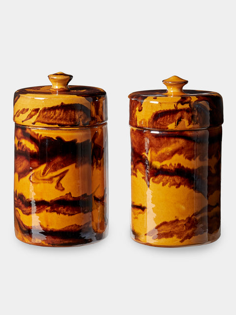 Poterie de Cliousclat - Hand-Marbled Slipware Lidded Pots (Set of 2) - Yellow - ABASK - 