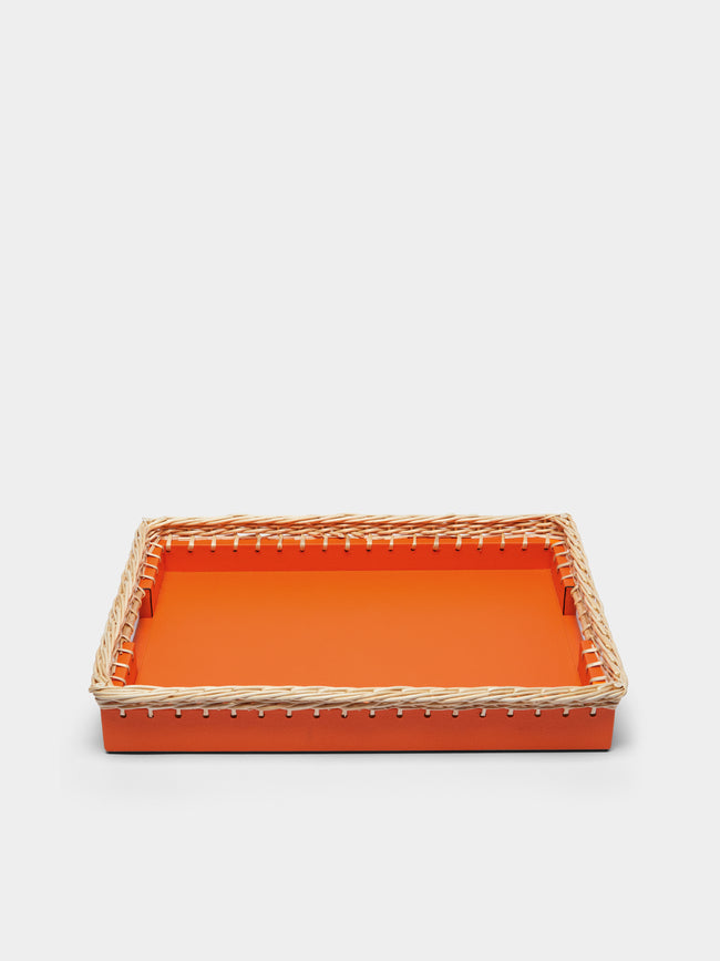 Pigment France - Giverny Leather and Rattan Tray (13.5in/34cm) - Orange - ABASK