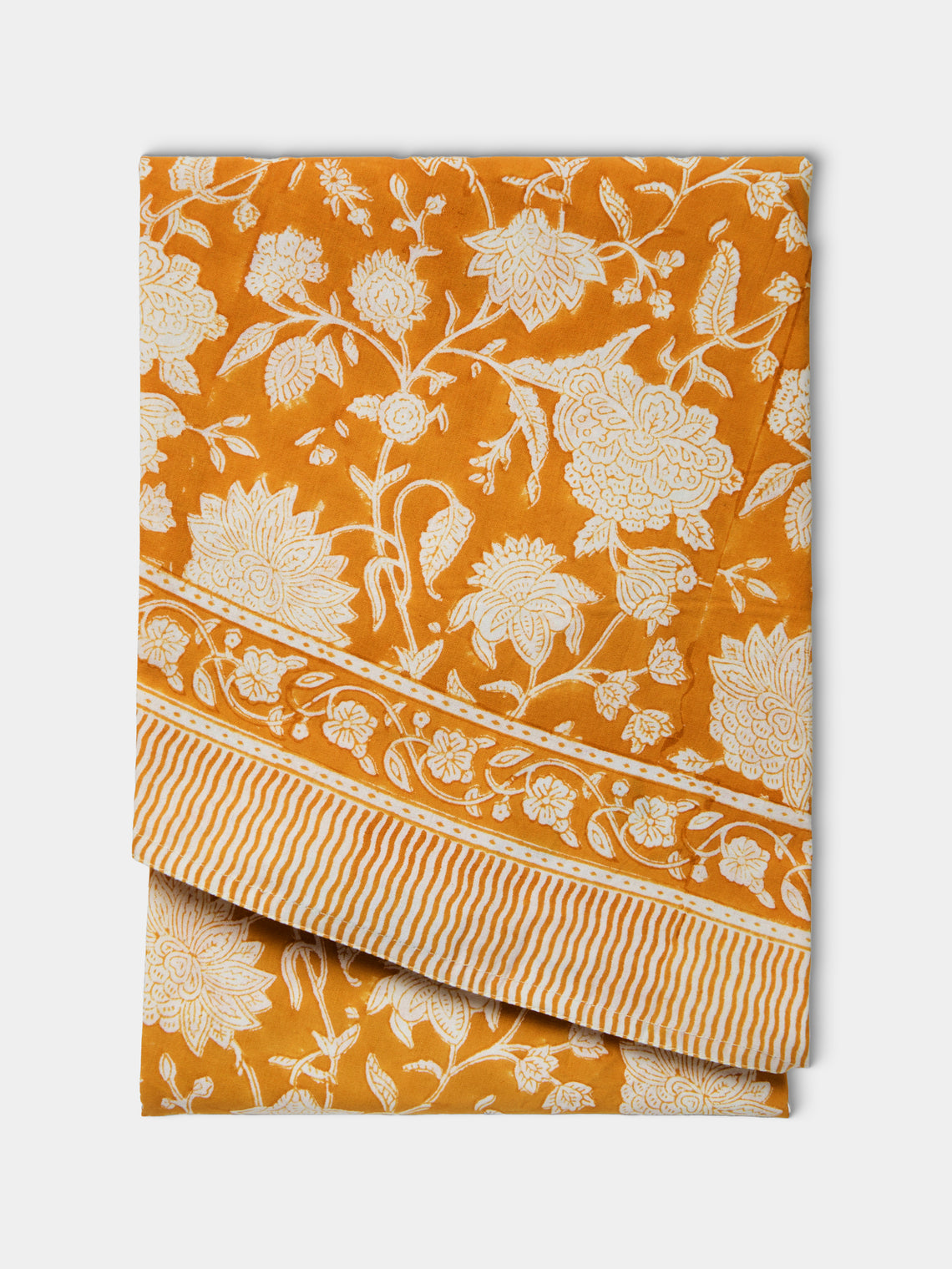Chamois - Indian Rose Block-Printed Cotton Round Tablecloth - Orange - ABASK