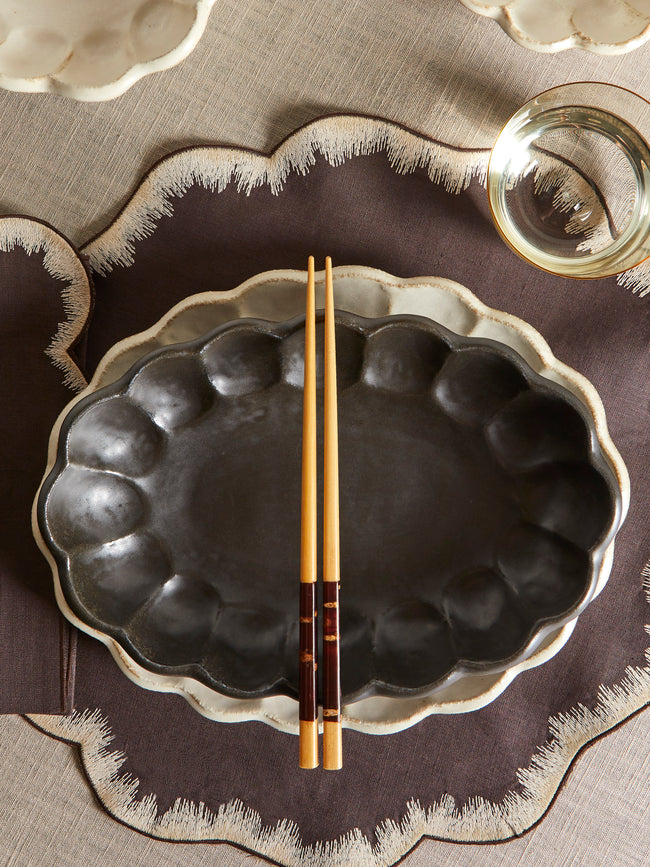 Kaneko Kohyo - Rinka Ceramic Oval Shallow Bowls (Set of 4) - Black - ABASK