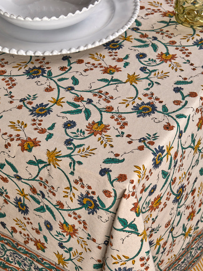 Chamois - Samode Block-Printed Cotton Rectangular Tablecloth (138in/3.5m) - Yellow - ABASK