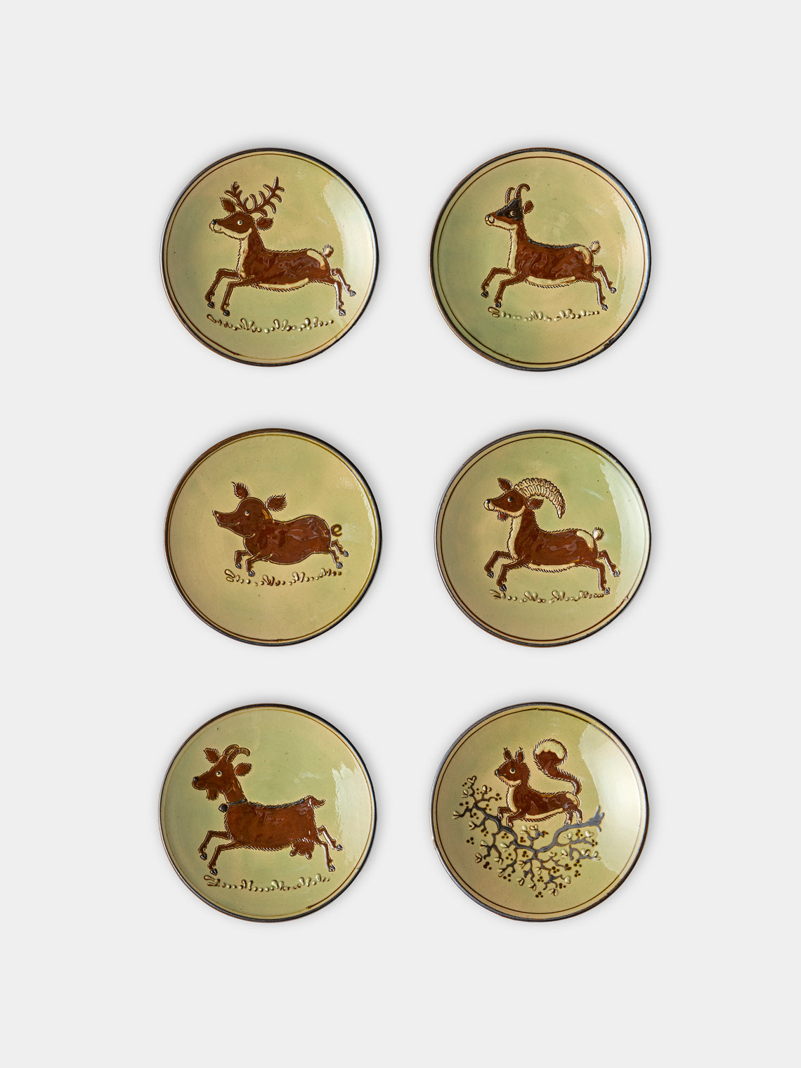 Poterie d’Évires - Animals Hand-Painted Ceramic Small Raised Plates (Set of 6) - Green - ABASK