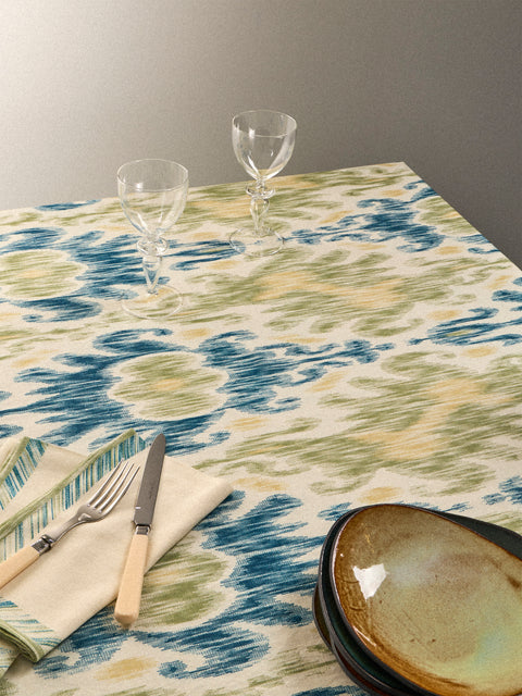 D'Ascoli - Amina Printed Linen Rectangular Tablecloth (138in/3.5m) - Blue - ABASK