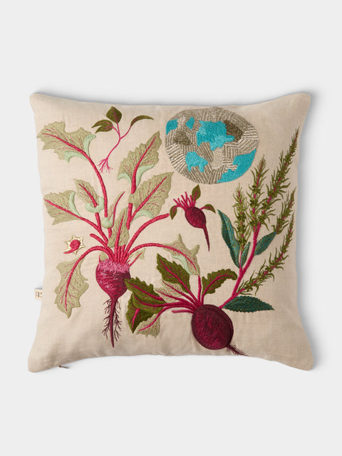 Bokja - Beet Moon Deep Embroidered Linen Cushion (17.5in/45cm) - Multiple - ABASK - 