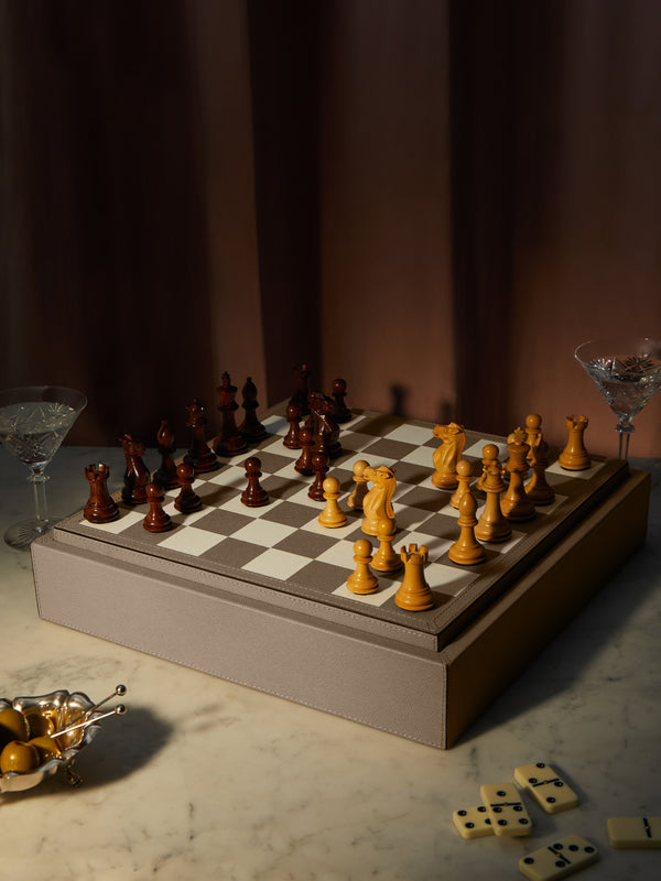 Giobagnara - Leather Triple Checkers, Chess and Dominoes Compendium - Taupe - ABASK