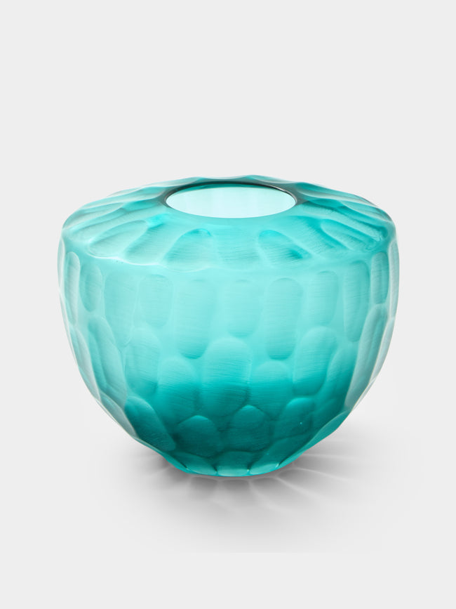 Micheluzzi Glass - Goccia Acqua Bamboo Hand-Blown Murano Glass Vase (7in/18cm) - Blue - ABASK - 