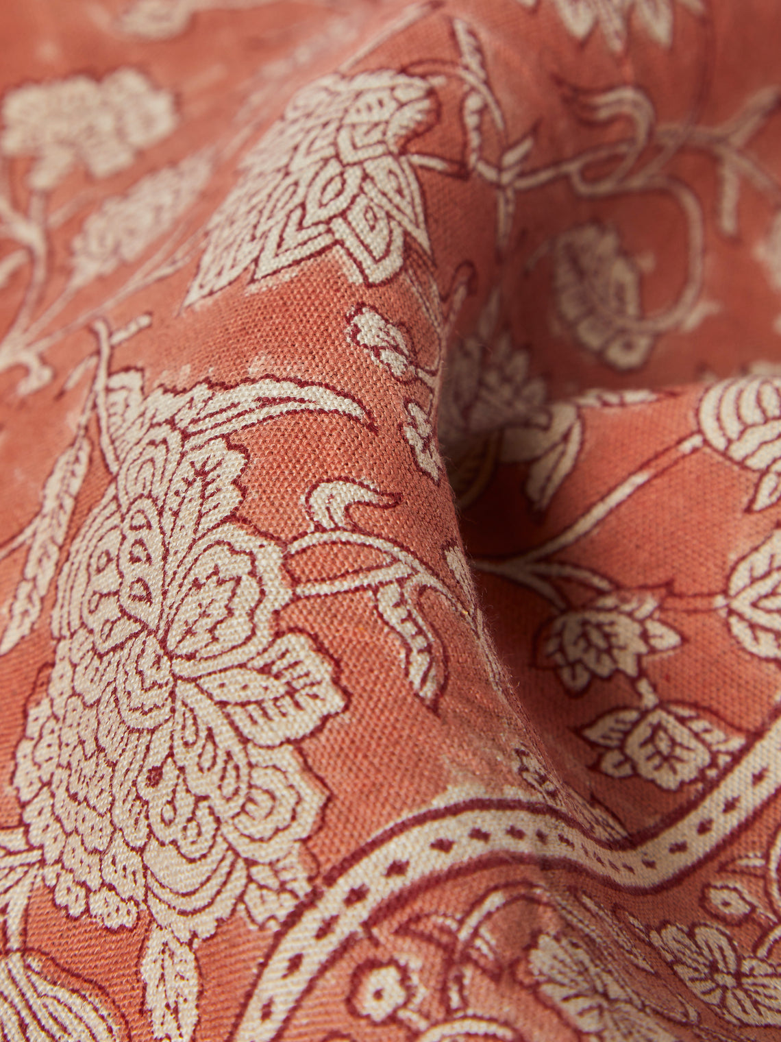Chamois - Indian Rose Block-Printed Linen Rectangular Tablecloth (90.5in/2.3m) - Red - ABASK