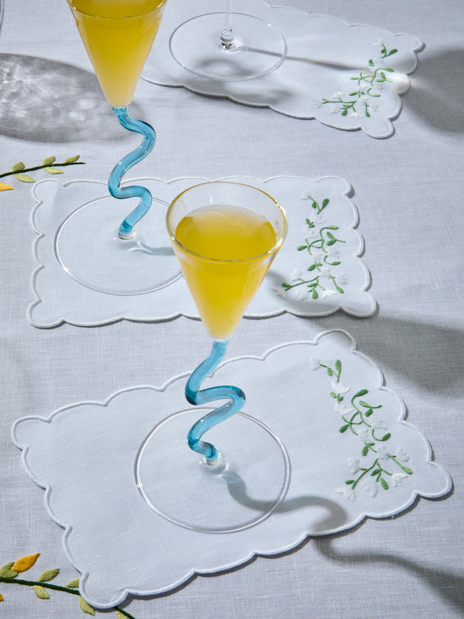 Taf Firenze - | Set of 6 | Ditsy Floral Hand-Embroidered Linen Cocktail Napkins - White - ABASK