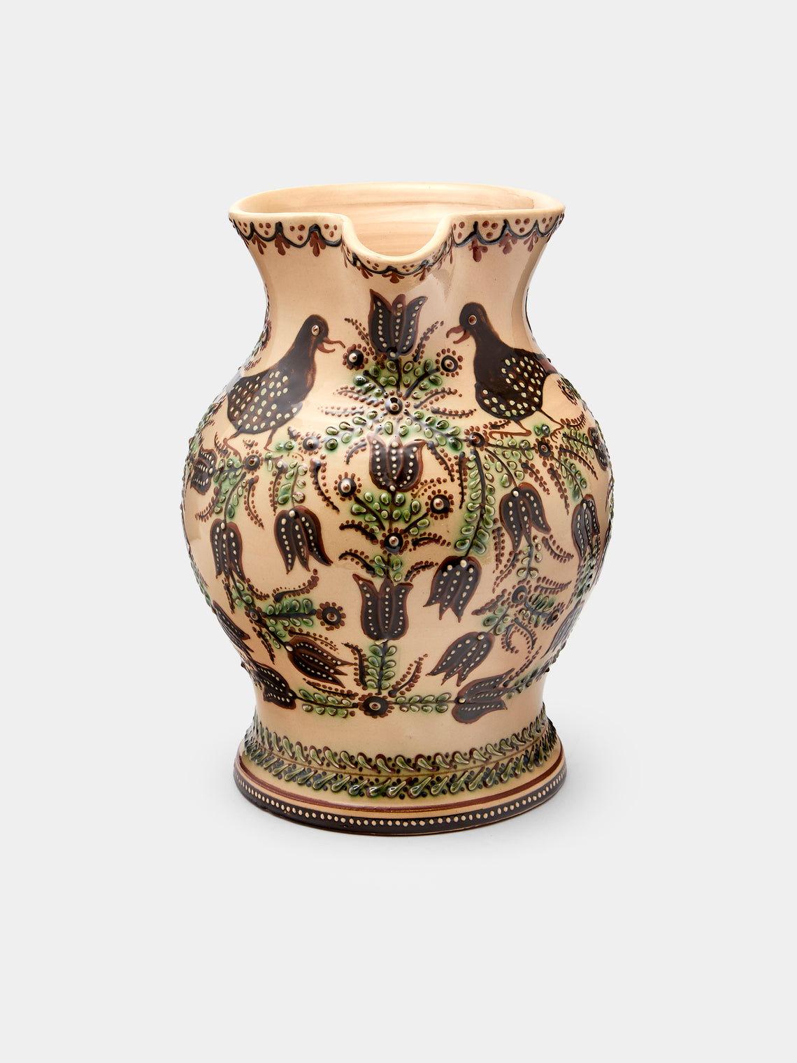 Poterie d’Évires - Birds Hand-Painted Ceramic Large Round Jug - Cream - ABASK