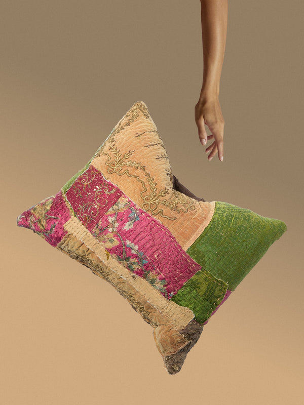 By Walid - 19th-Century Ottoman Sirma and Silk-Damask Patchwork Cotton Cushion (19.5in/50cm) - Multiple - ABASK
