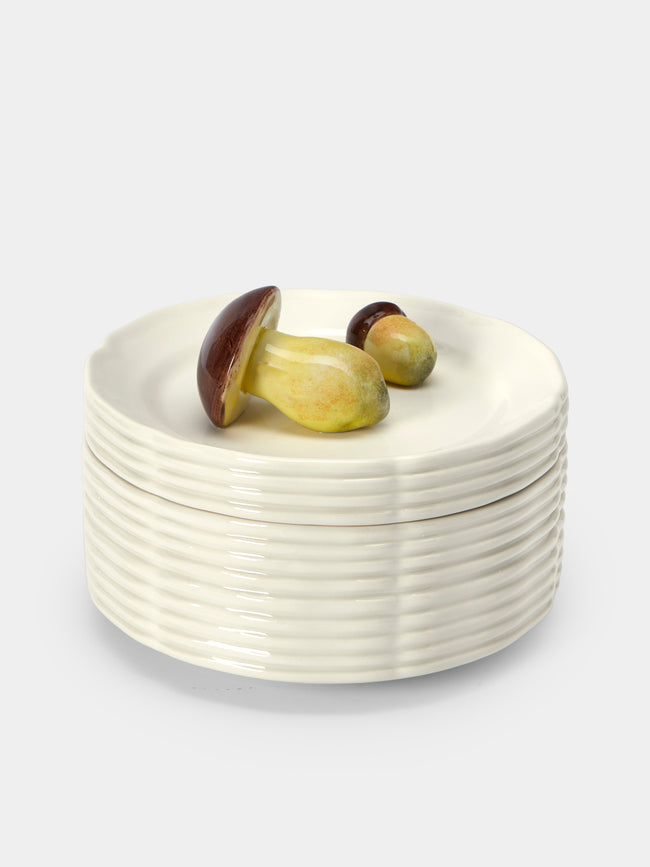 Este Ceramiche - Mushrooms Hand-Painted Ceramic Trompe-L'oeil Large Serving Dish - White - ABASK - 