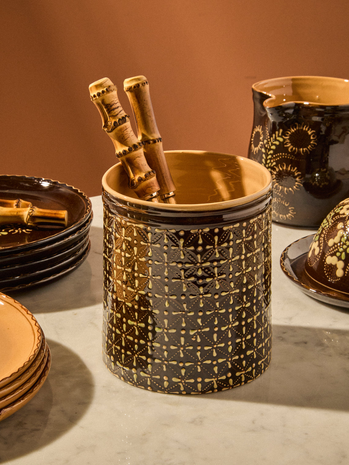 Poterie d’Évires - Geometric Hand-Painted Ceramic Utensil Pot - Dark Brown - ABASK