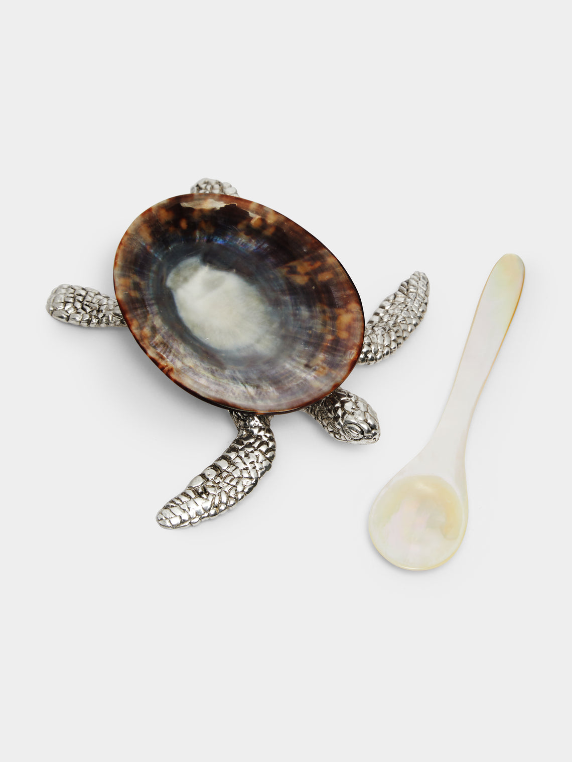 Silver-Plated and Shell Salt Dish with Mother-of-Pearl Spoon
