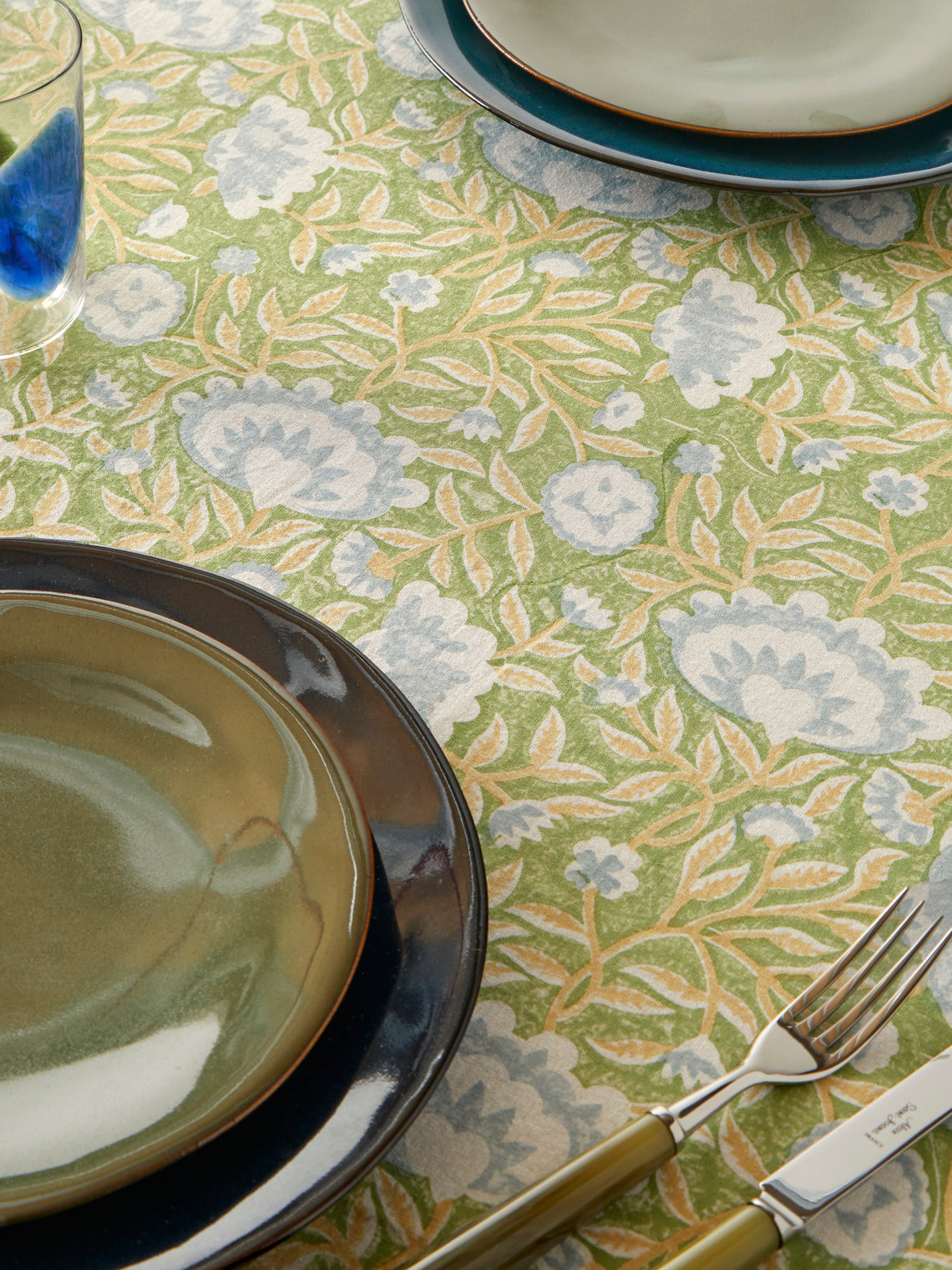 Chamois - The Garden of Mathilde Block-Printed Cotton Rectangular Tablecloth (106.5in/2.7m) - Green - ABASK