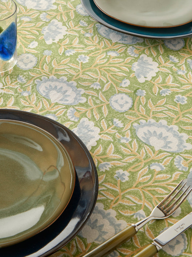 Chamois - The Garden of Mathilde Block-Printed Cotton Rectangular Tablecloth (106.5in/2.7m) - Green - ABASK