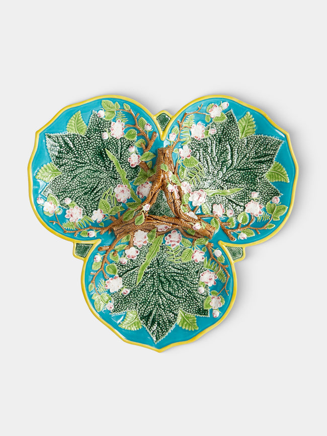 Verdolini - Plum Blossom Hand-Painted Majolica Ceramic Triple Serving Dish - Green - ABASK - 