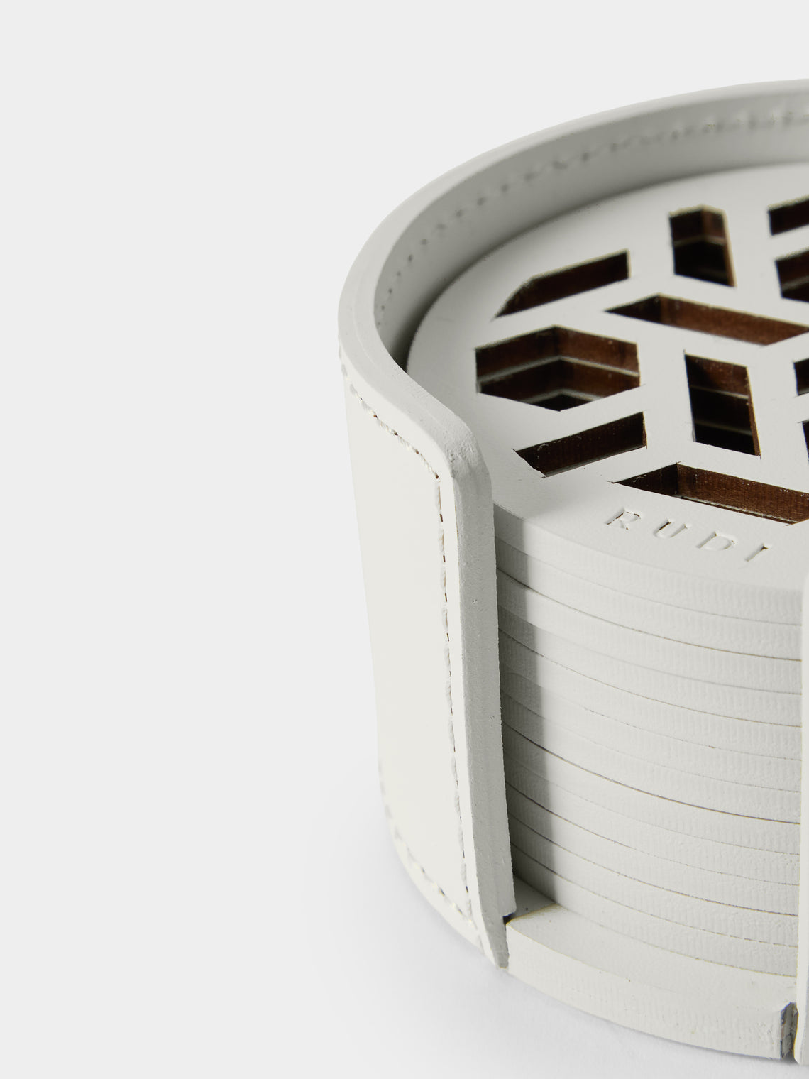 RUDI - | Set of 12 | Acquerello Leather Coasters with Holder - White - ABASK