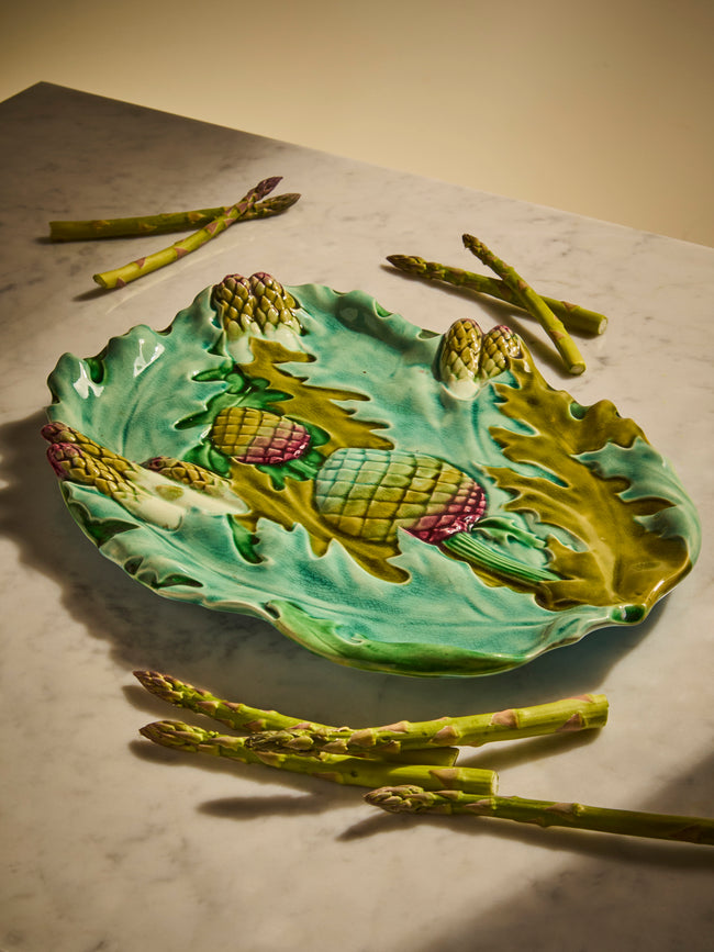 Antique and Vintage - Mid-Century Majolica Ceramic Asparagus Serving Plate (14.5in/37cm) - Light Blue - ABASK