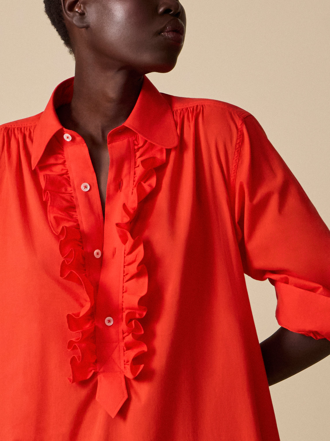 Sebline - Women's Ruffle Cotton Shirt Dress | Size: S - Red - ABASK