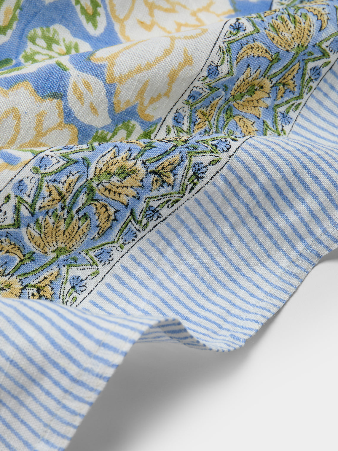 Chamois - Dahlia Block-Printed Linen Rectangular Tablecloth (106.5in/2.7m) - Blue - ABASK