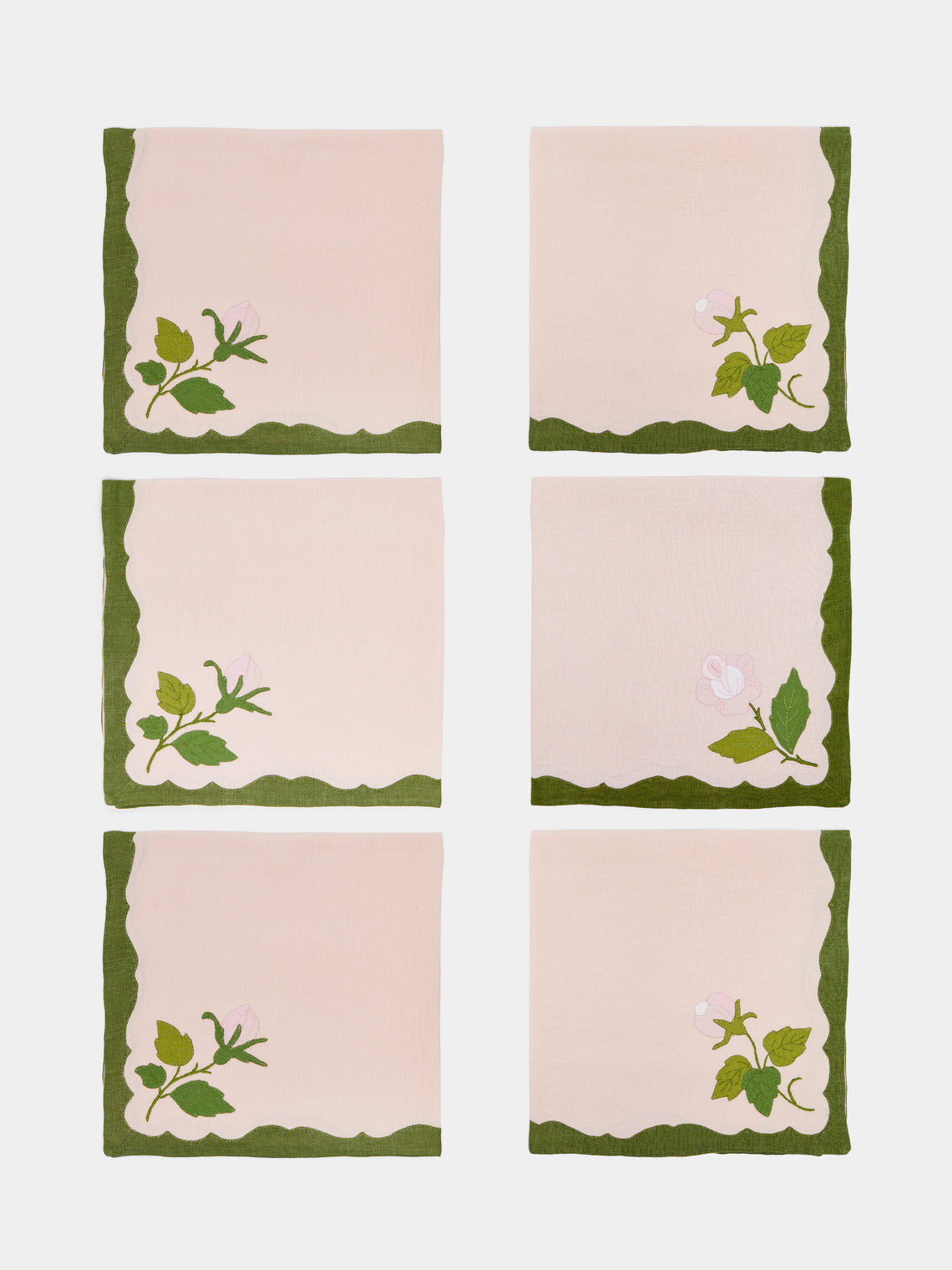 Taf Firenze - Rose Hand-Embroidered Linen Tablecloth and Napkins (Set of 6) -  - ABASK