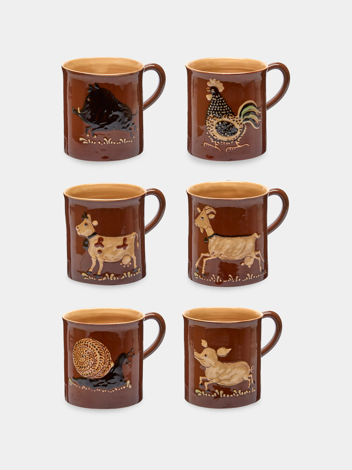 Poterie d’Évires - Animals Hand-Painted Ceramic Mugs (Set of 6) - Light brown - ABASK - 