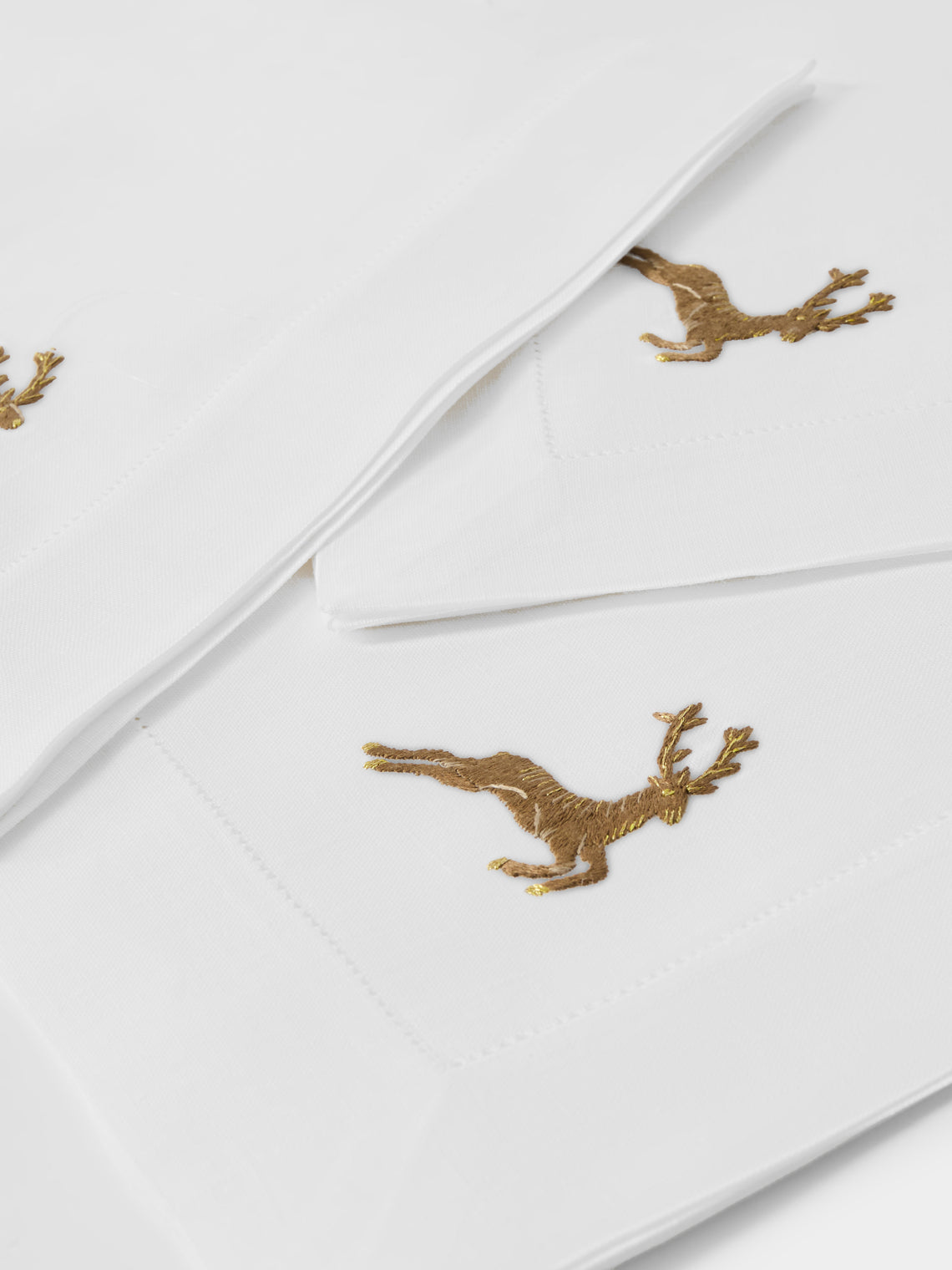 ERI Textiles - | Set of 4 | Gold Deer Hand-Embroidered Linen Napkins - White - ABASK