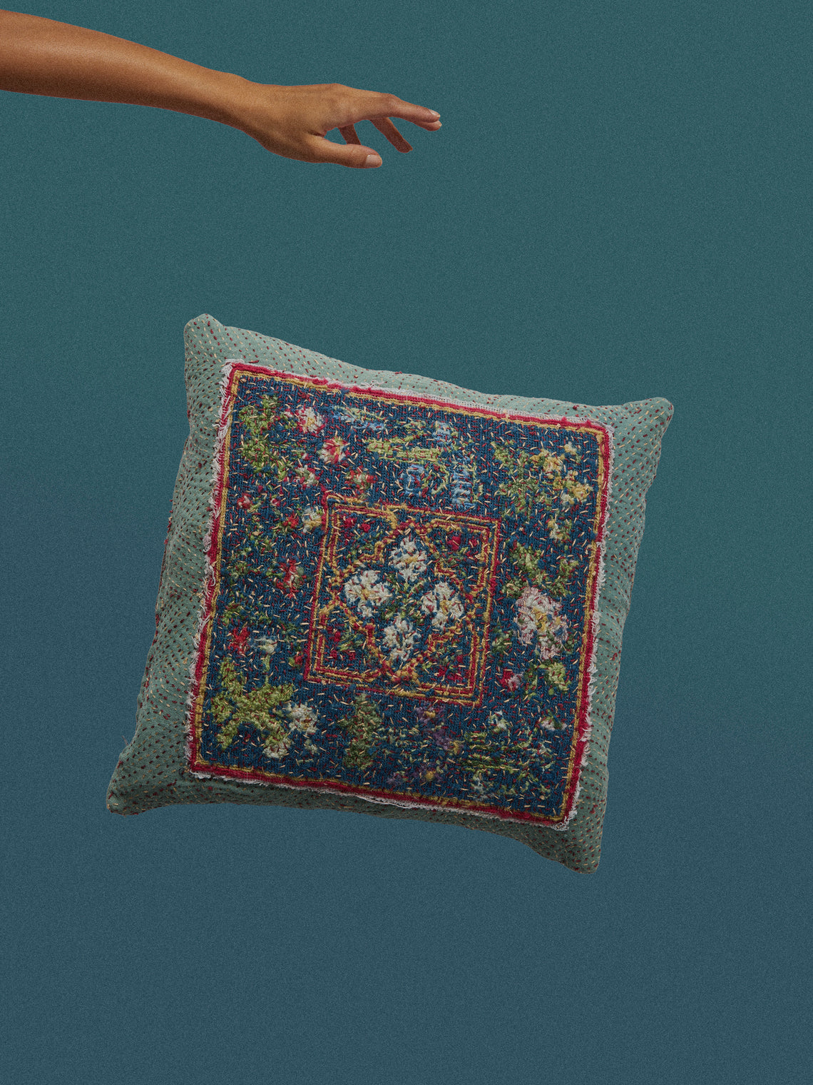 By Walid - 19th-Century English Needlepoint Wool and Linen Cushion (17.5in/45cm) - Blue - ABASK
