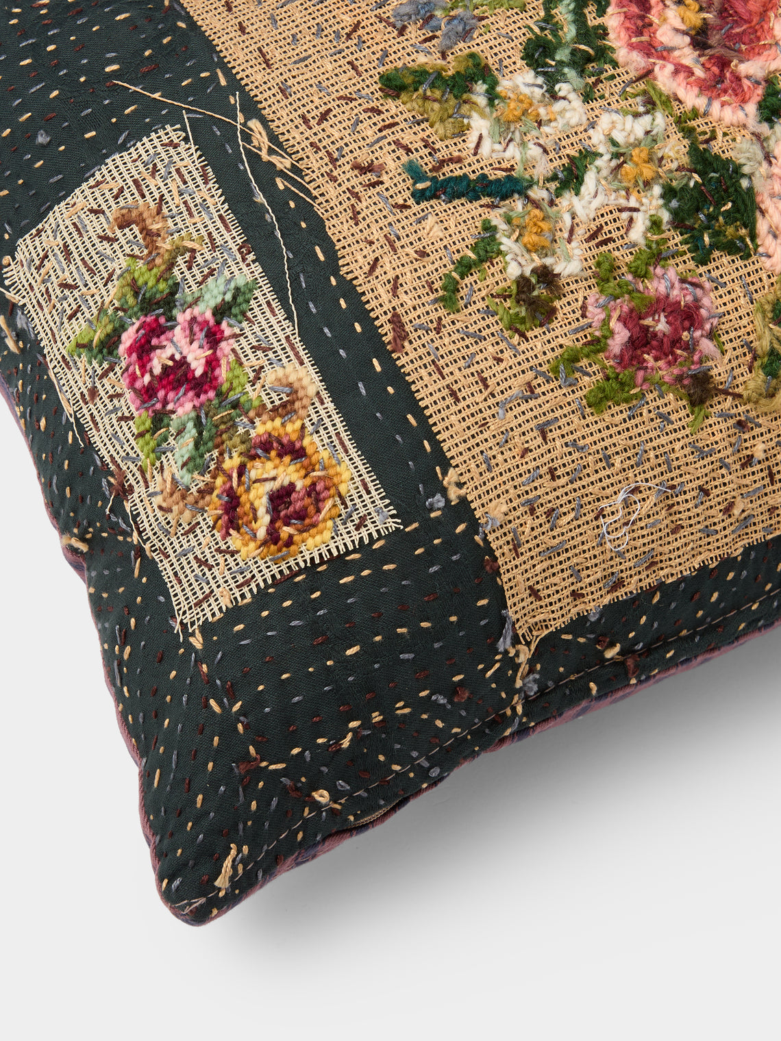 By Walid - 19th-Century Needlepoint Wool and French Ticking Fabric Cushion (19.5in/50cm) - Multiple - ABASK