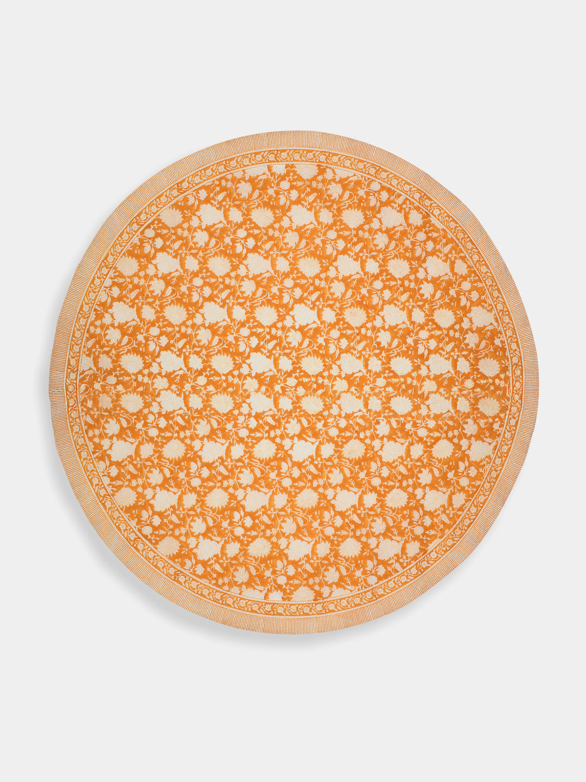Chamois - Indian Rose Block-Printed Cotton Round Tablecloth (63in/1.6m) - Orange - ABASK - 