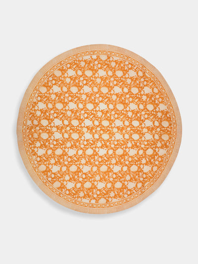 Chamois - Indian Rose Block-Printed Cotton Round Tablecloth (63in/1.6m) - Orange - ABASK - 