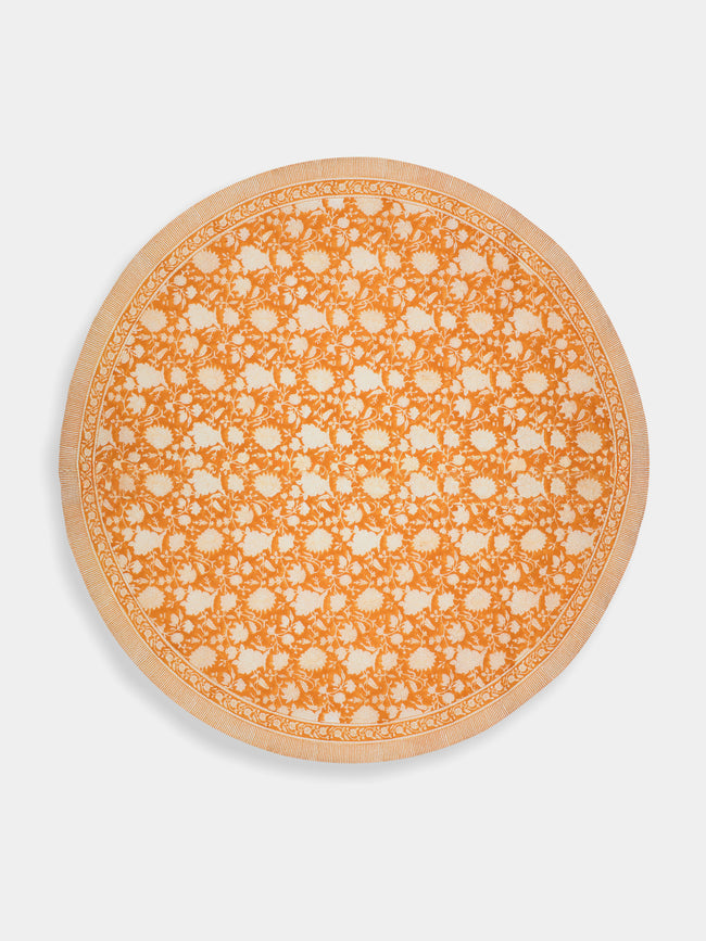 Chamois - Indian Rose Block-Printed Cotton Round Tablecloth (63in/1.6m) - Orange - ABASK - 