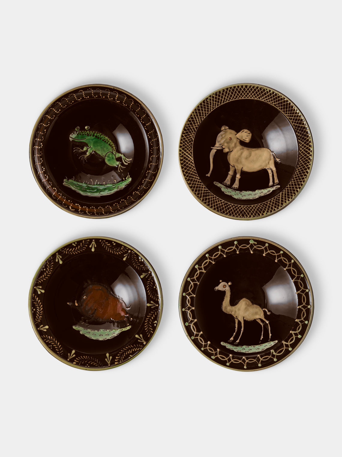 Poterie d’Évires - Animals Hand-Painted Ceramic Breakfast Bowls (Set of 4) - Dark Brown - ABASK - 