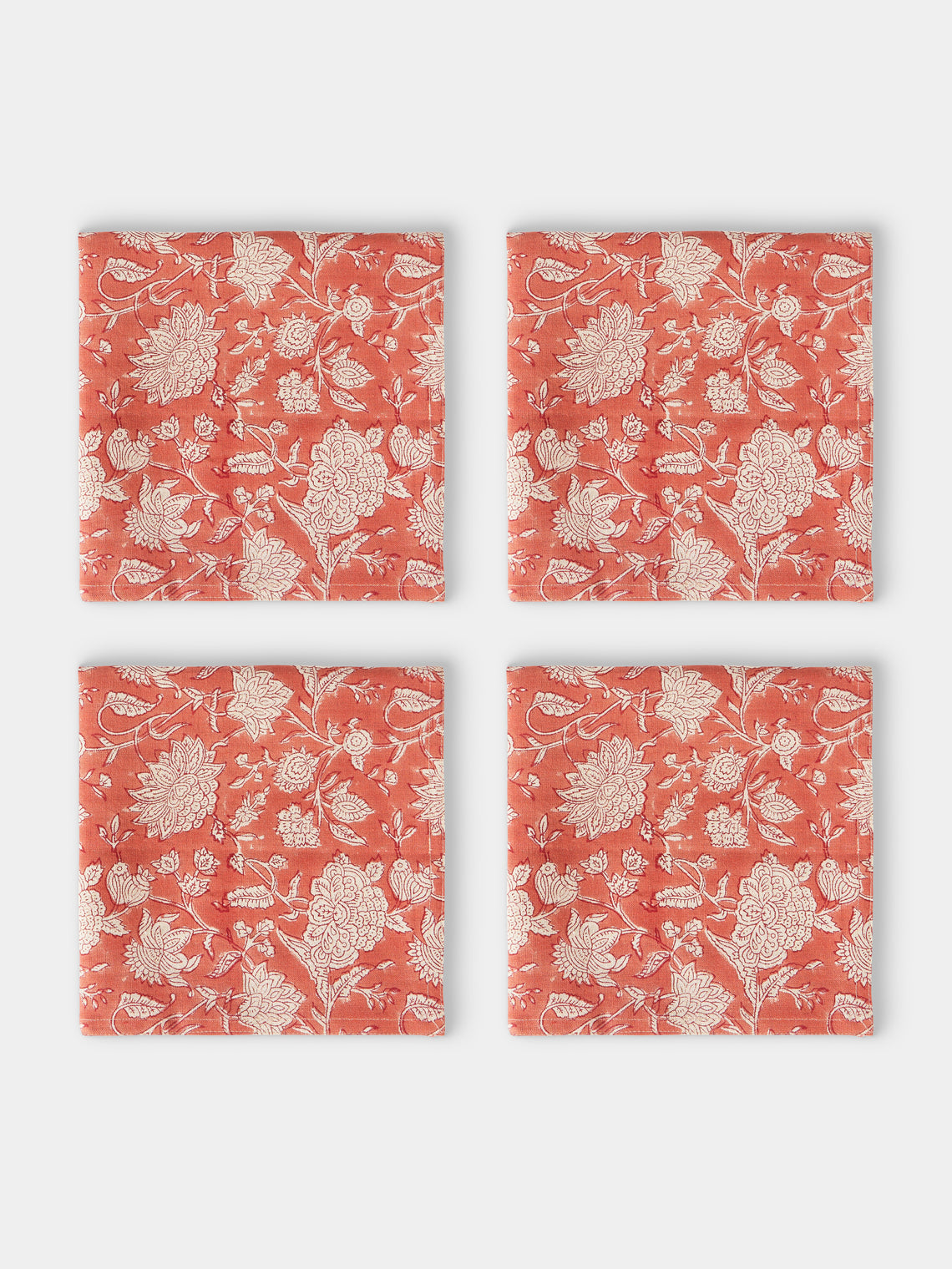 Chamois - Indian Rose Block-Printed Linen Napkins (Set of 4) - Red - ABASK - 