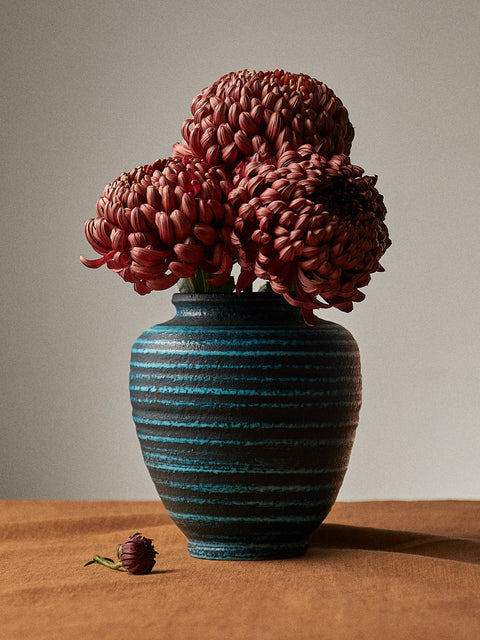 Antique and Vintage - Mid-Century Accolay Ceramic Vase (7in/18cm) - Blue - ABASK