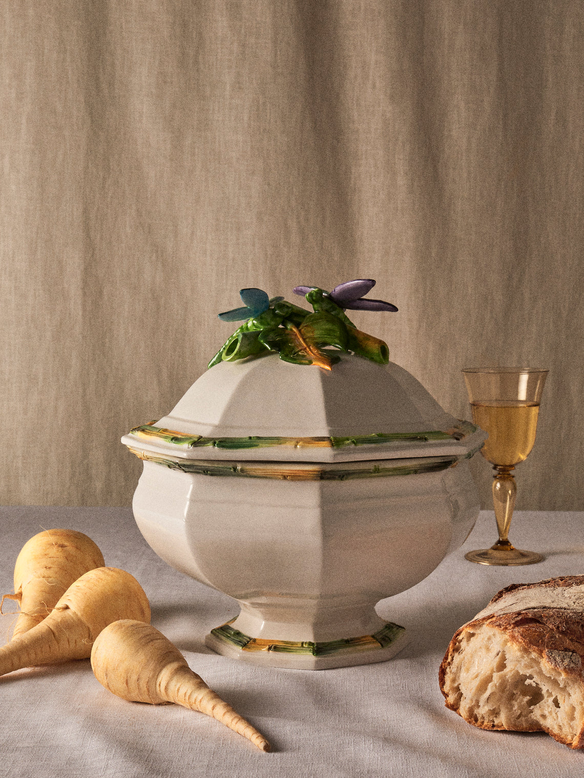 Fioravola - Bamboo Dragonfly Hand-Painted Ceramic Tureen - White - ABASK