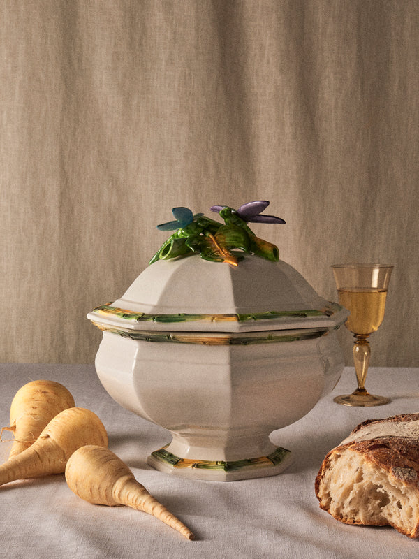 Fioravola - Bamboo Dragonfly Hand-Painted Ceramic Tureen - White - ABASK