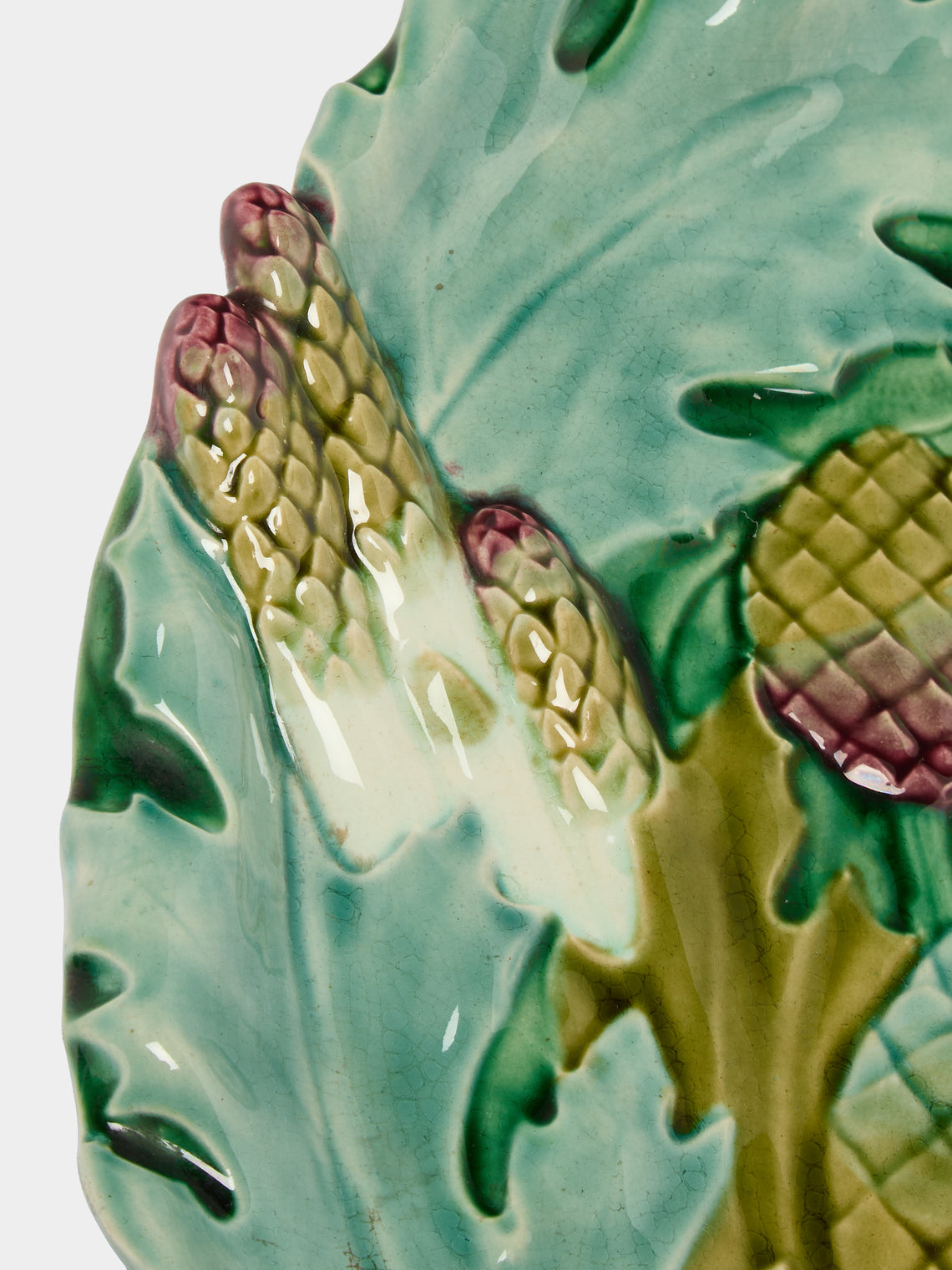 Antique and Vintage - Mid-Century Majolica Ceramic Asparagus Serving Plate (14.5in/37cm) - Light Blue - ABASK