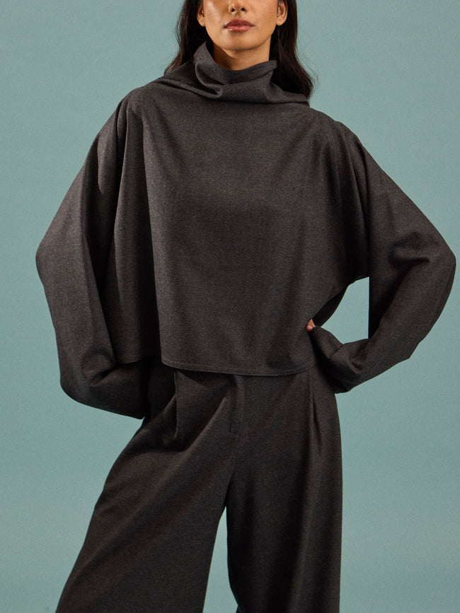 Dusan - Batwing Wool Flannel Short Oversized Top | One Size - Gray - ABASK