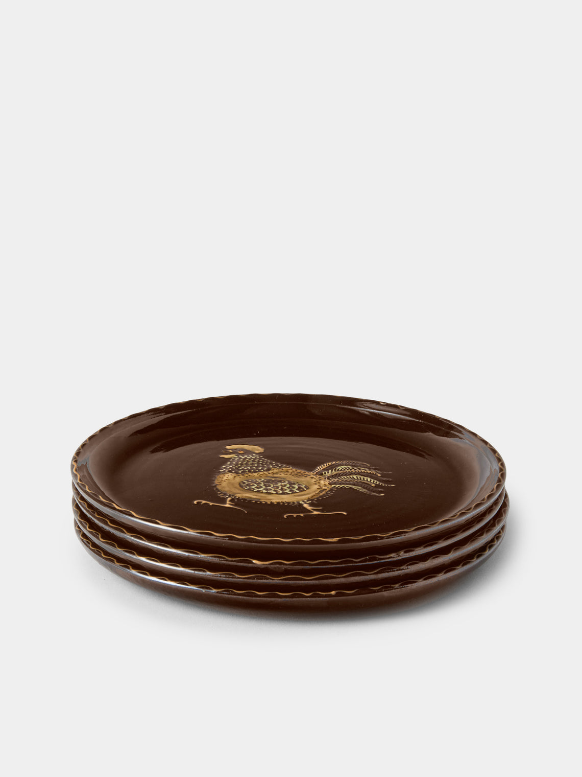 Poterie d’Évires - Animals Hand-Painted Ceramic Dinner Plates – 9.5in/24cm (Set of 4) - Dark Brown - ABASK