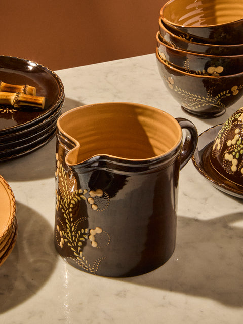 Poterie d’Évires - Flowers Hand-Painted Ceramic Straight-Edge Medium Jug - Dark Brown - ABASK