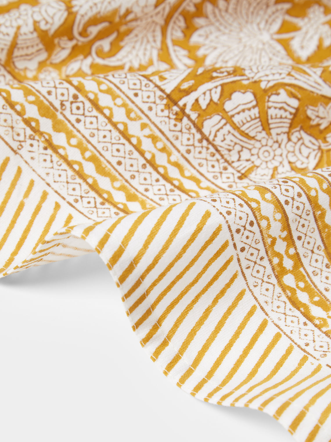 Chamois - Paradise Block-Printed Cotton Rectangular Tablecloth (138in/3.5m) - Yellow - ABASK
