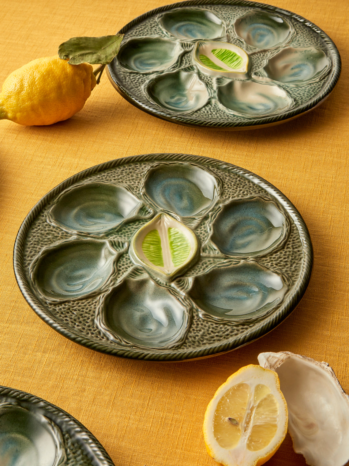 Antique and Vintage - Mid-Century Majolica Ceramic Oyster Plates (Set of 10) - Multiple - ABASK
