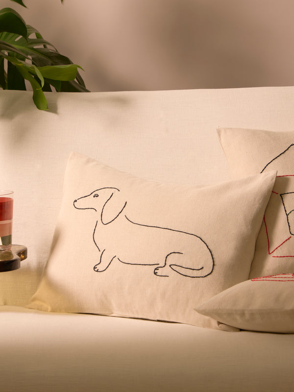 Oeuvres Sensibles - Dog Hand-Embroidered Cotton and Hemp Cushion (15.5in/40cm) - Cream - ABASK