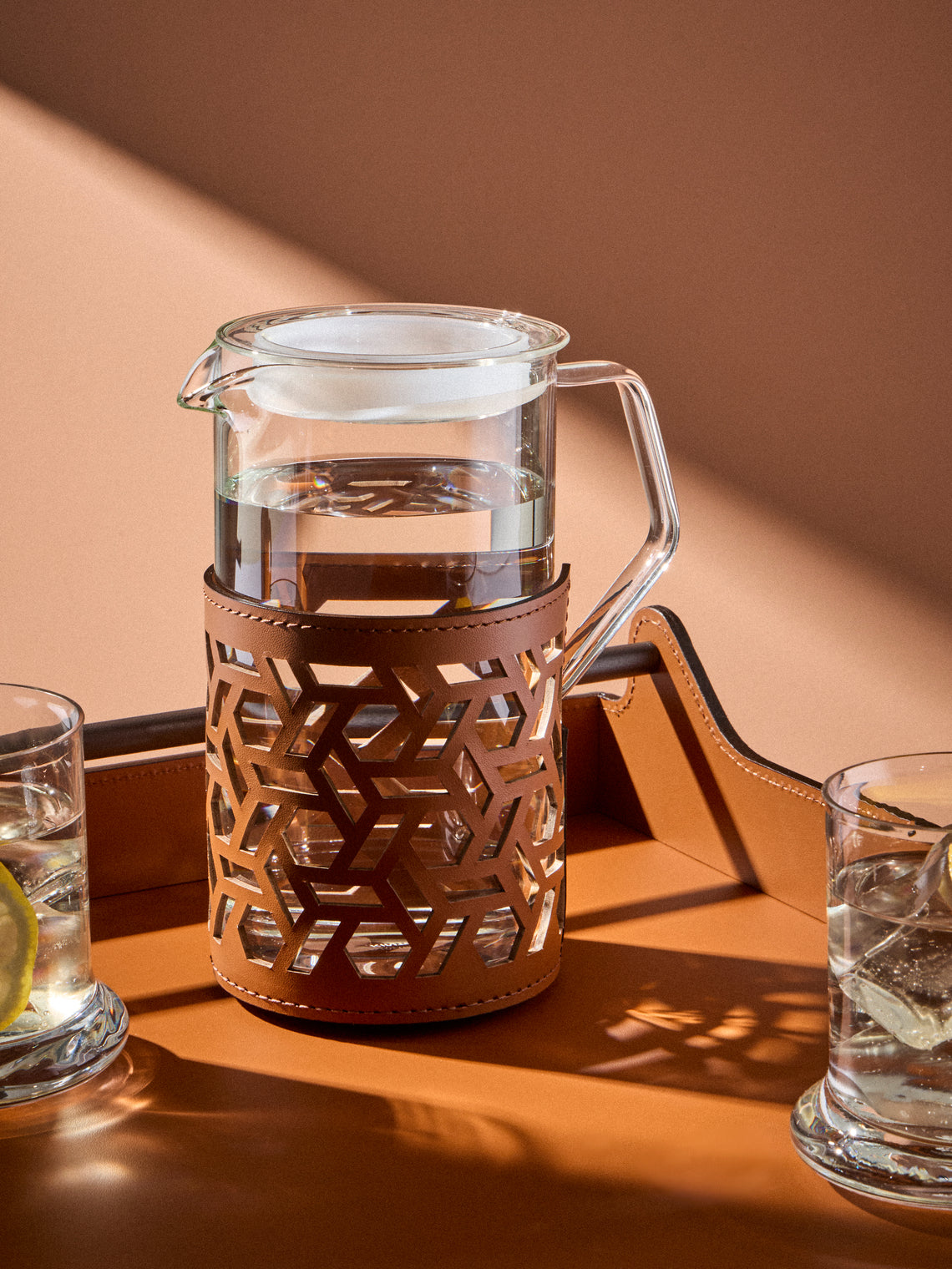 RUDI - Messina Leather and Glass Pitcher (25oz/0.75L) - Tan - ABASK