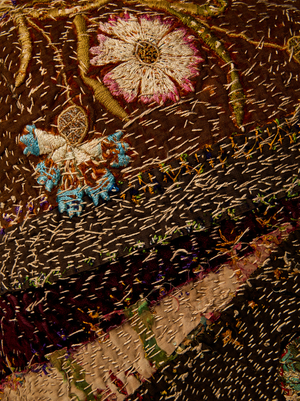 By Walid - 19th-Century Victorian Silk and Velvet Embroidered Cotton Cushion (19.5in/50cm) - Multiple - ABASK