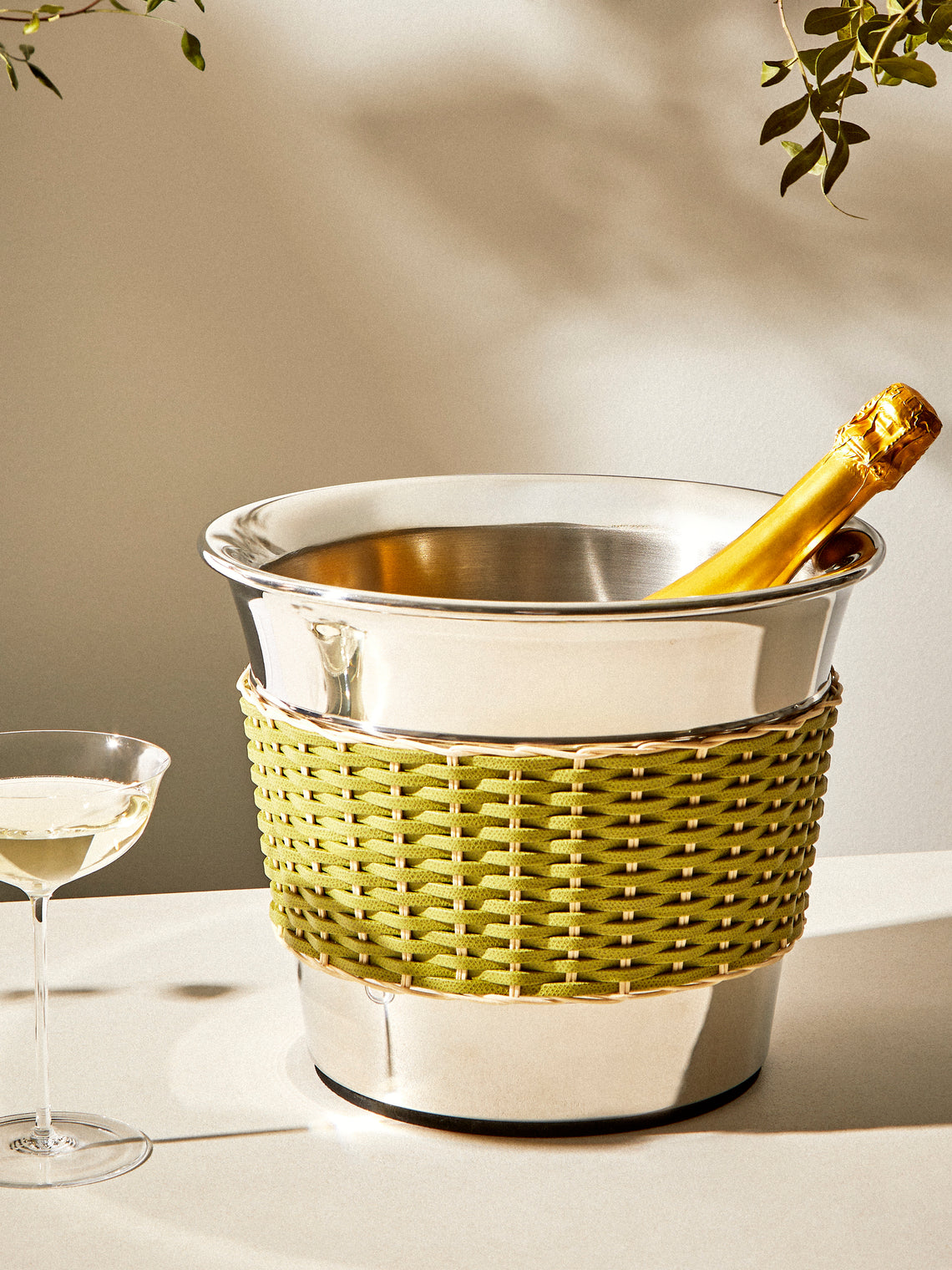 Pigment France - Menton Leather and Rattan 2/3-Bottle Champagne Bucket - Green - ABASK
