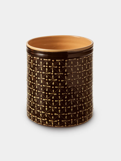Poterie d’Évires - Geometric Hand-Painted Ceramic Utensil Pot - Dark Brown - ABASK - 