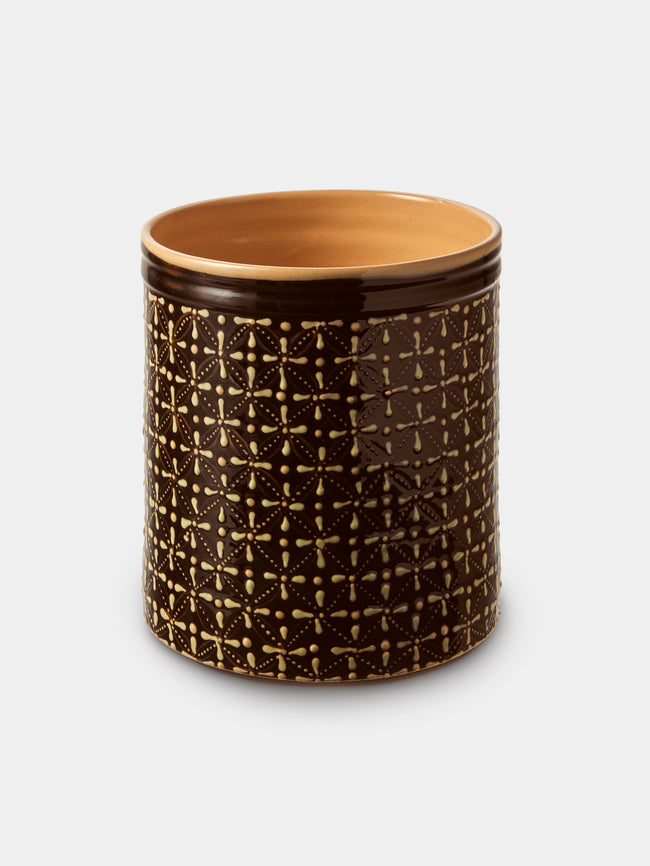 Poterie d’Évires - Geometric Hand-Painted Ceramic Utensil Pot - Dark Brown - ABASK - 