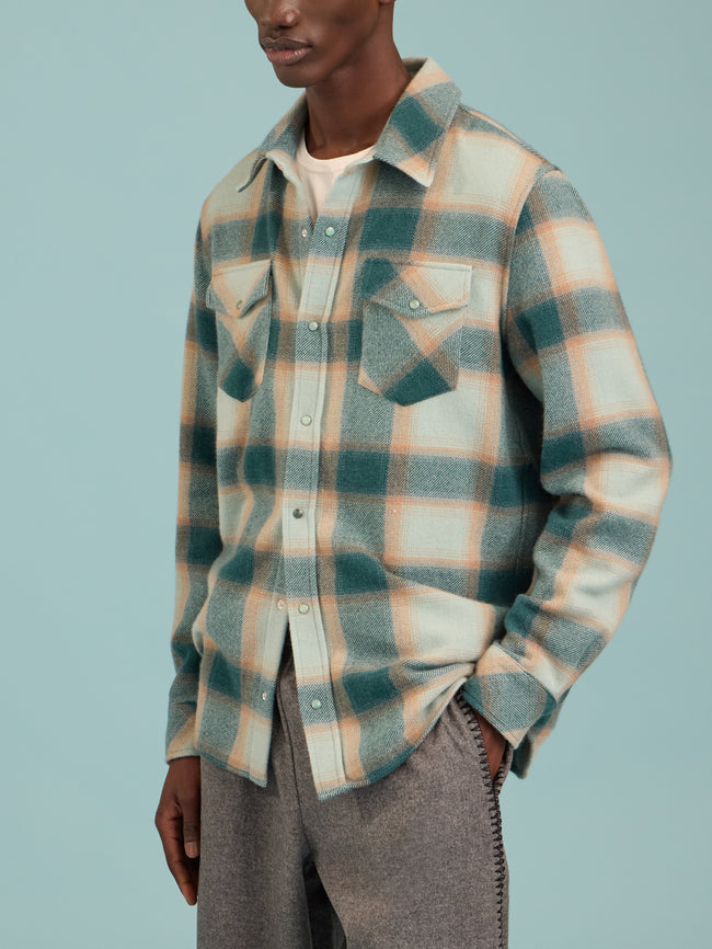 God's True Cashmere - Avocado Shadow Plaid Cashmere Shirt | Size: M - Green - ABASK